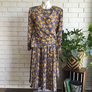 Vintage Henry Lee Dress Blue & Yellow Floral Flowy Long Sleeve Drop Waist